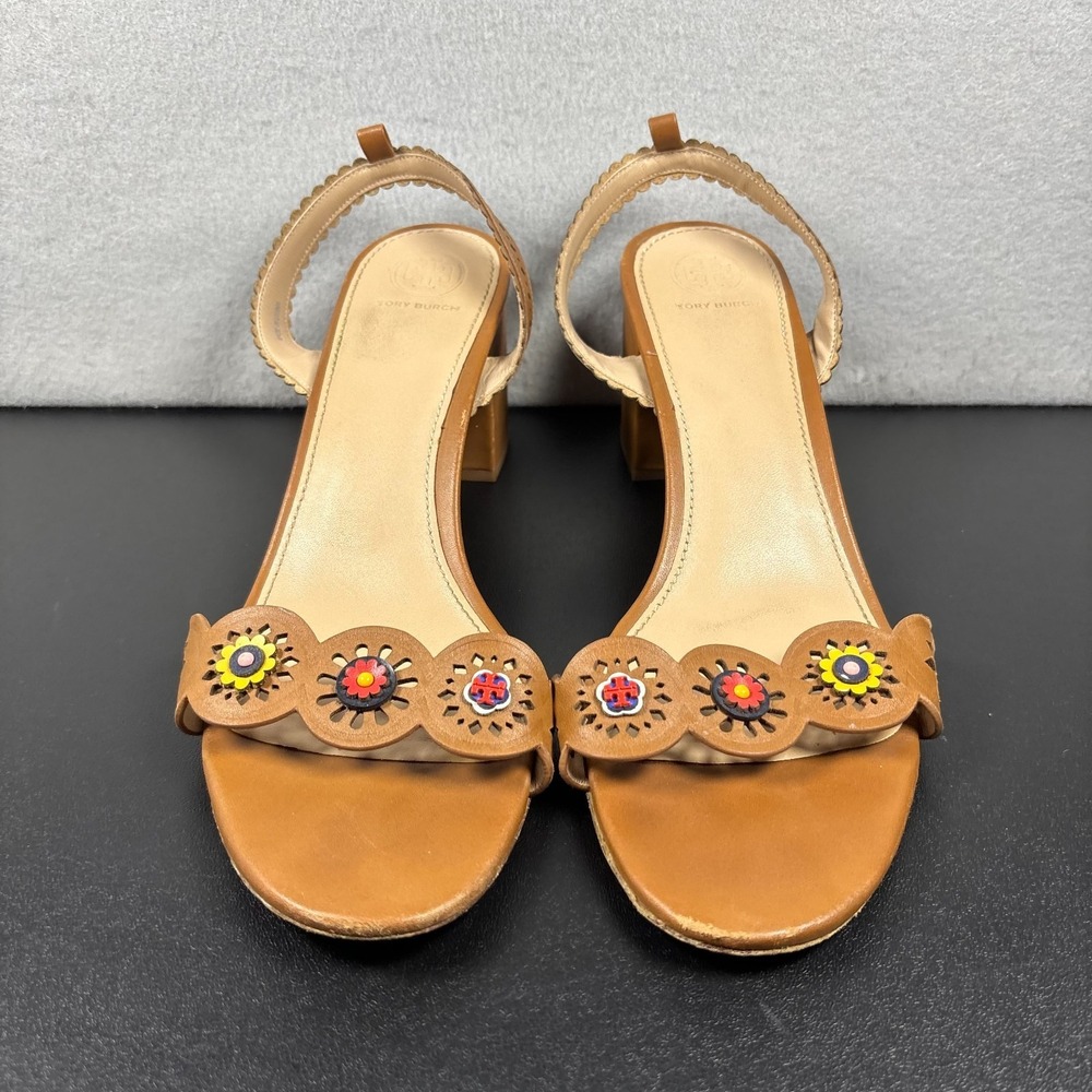 Tory Burch Brown Leather Open Toe Heeled Sandals Women's Size‎ US 11M Floral